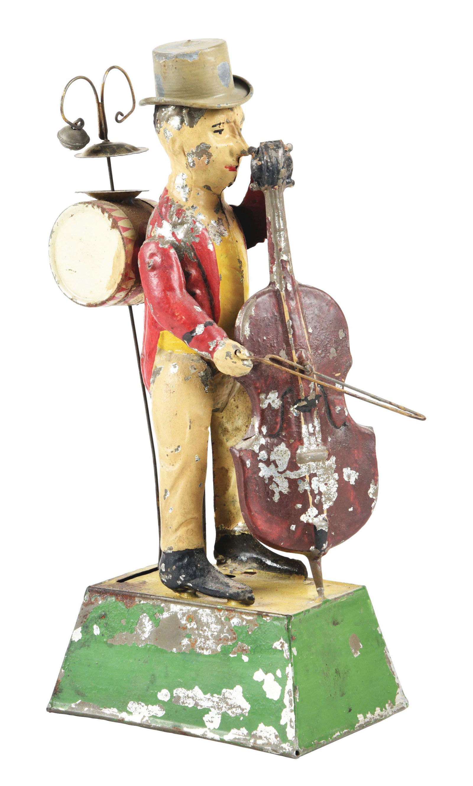 EARLY GERMAN HAND PAINTED MAN PLAYING ONE MAN BAND. (1 of 5)