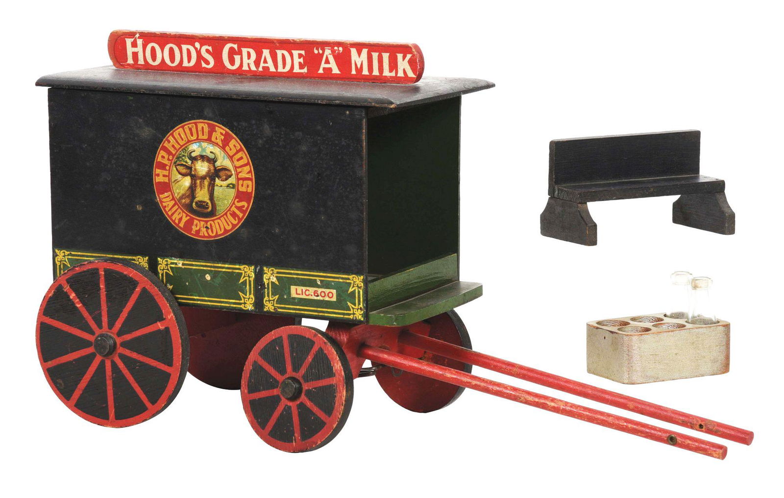 WOODEN HP HOOD AND SONS DAIRY CART.: Wooden Hood's Milk carriage, should be horse-drawn, but is missing horse. Marked "Hood's Grade A Milk" on hub. Nice decal inside with cow. All original. One wheel is loose. Condition: (Very Good - Exc