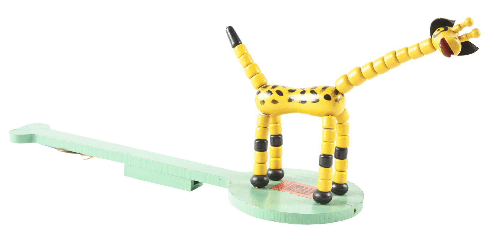 FISHER PRICE NO.405 POP-UP KRITTERS TOY.: Early Fisher Price No. 405 Kritters series Lofty Lizzy on wooden round-shaped paddle with original ears and horns on top of giraffe and pinned tail. Comes with very rare original color box showing the