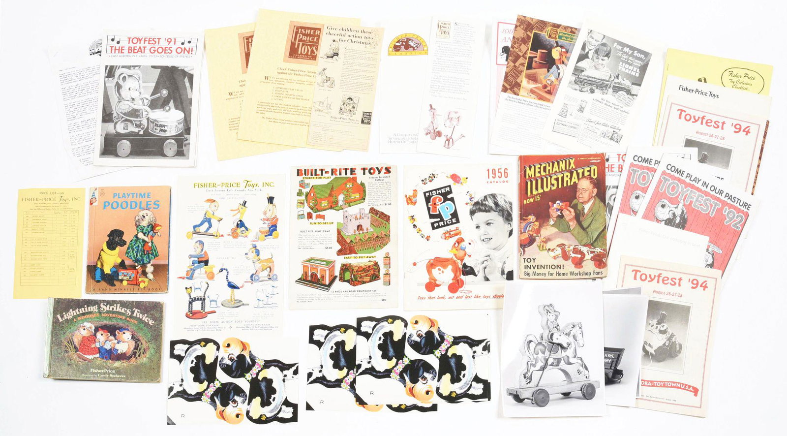 LOT OF EARLY FISHER PRICE-RELATED TOY LISTS, MAGAZINES,: Lot of early Fisher Price-related items range from 1931 until present day, the highlight being a 1931 price list of the original 16 toys made by Fisher Price and their prices. Condition: (Very Good). 