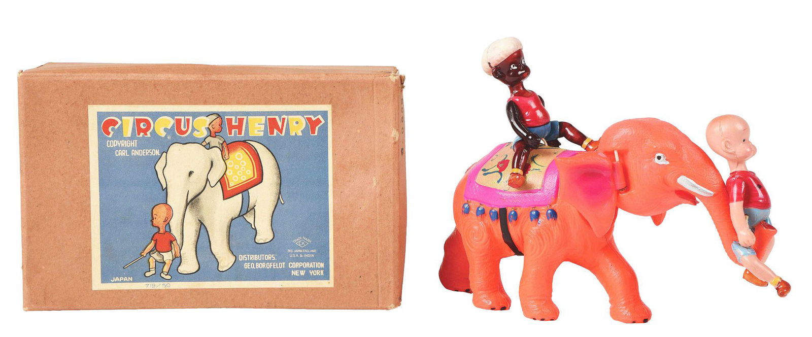 JAPANESE CELLULOID WIND-UP HENRY ON ELEPHANT TOY.: Japanese celluloid wind-up Henry on elephant toy in original much-scarcer Circus Henry box. Box has nice label showing Henry riding elephant with mahout on top. Made by CK Japan, distributed by George