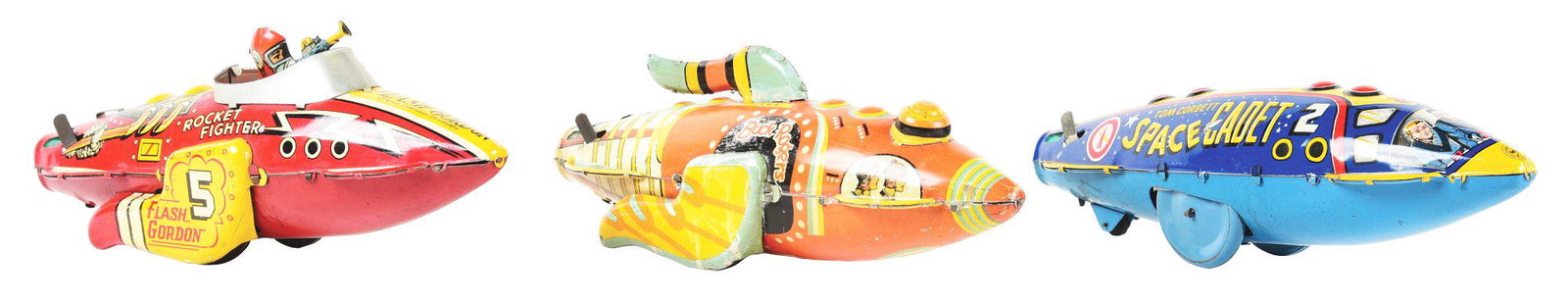 LOT OF 3: MARX TIN LITHO WIND-UP ROCKET FIGHTER TOYS.: Lot of three Marx tin litho wind-up rocket fighter toys. There is a Flash Gordon No. 5 Rocket Fighter with gun-toting pilot, an early Buck Rogers Rocket Patrol, and a Tom Corbett Space Cadet Polaris r