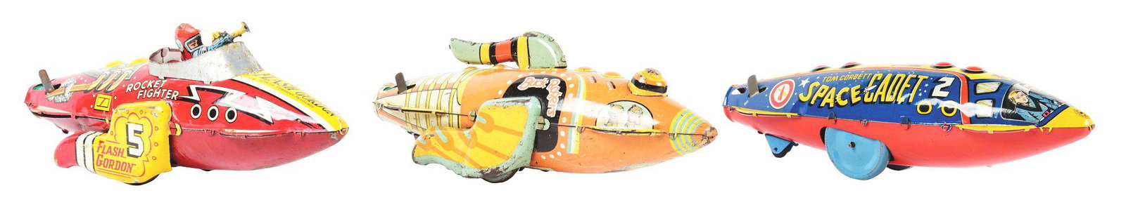 LOT OF 3: MARX TIN LITHO WIND-UP ROCKET FIGHTER TOYS.: Lot of three Marx tin litho wind-up rocket fighter toys, including an early Buck Rogers Rocket Patrol with some scraping on bottom and litho loss and fading, a Tom Corbett Space Patrol Polaris and a F