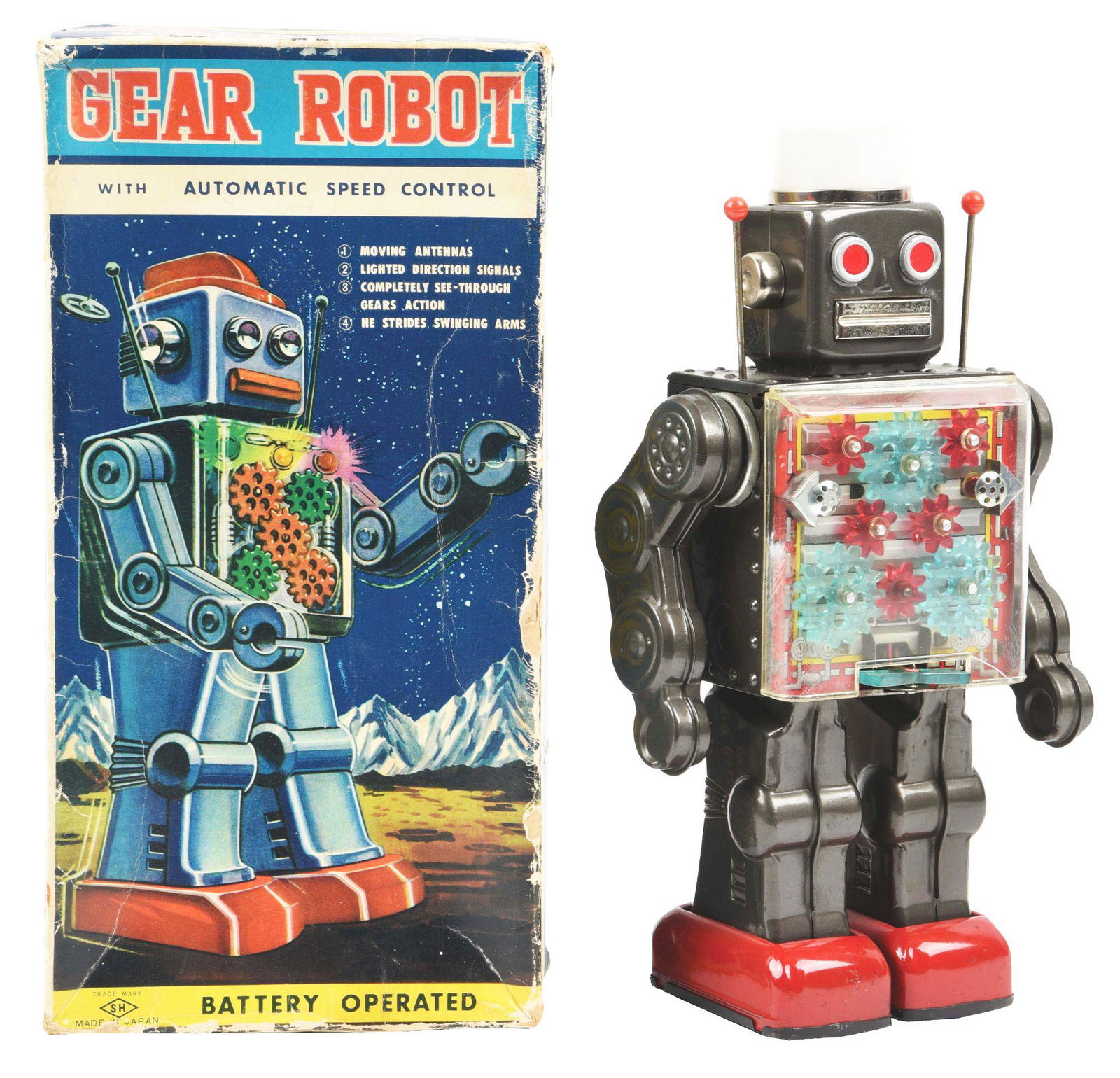 JAPANESE BATTERY OPERATED TIN LITHO GEAR ROBOT. (1 of 4)