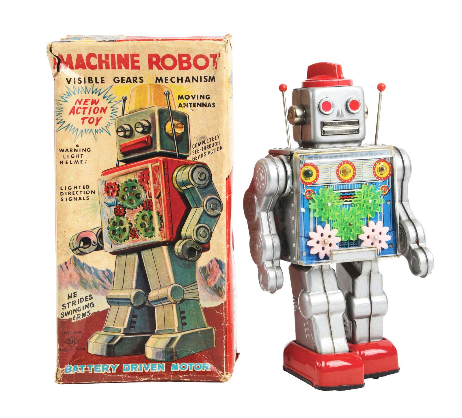 JAPANESE SH BATTERY-OPERATED TIN LITHO MACHINE ROBOT. (1 of 4)