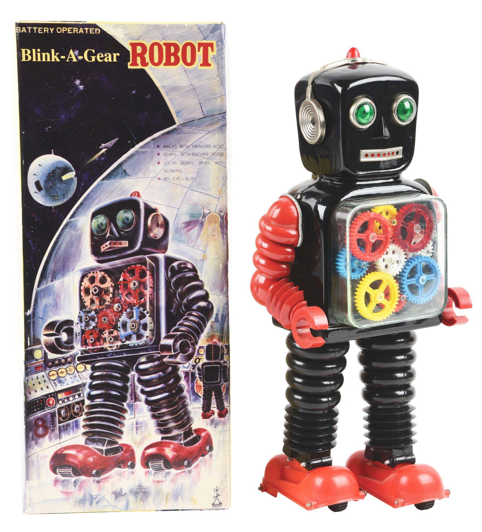 JAPANESE TAIYO TIN LITHO AND PLASTIC BLINK-A-GEAR: Comes with extremely nice, colorful, reproduction box. When in operation; walks, gears turn, lights light. Top bulb does not light. Body is tin, front shield is plastic, arms and legs are also plastic