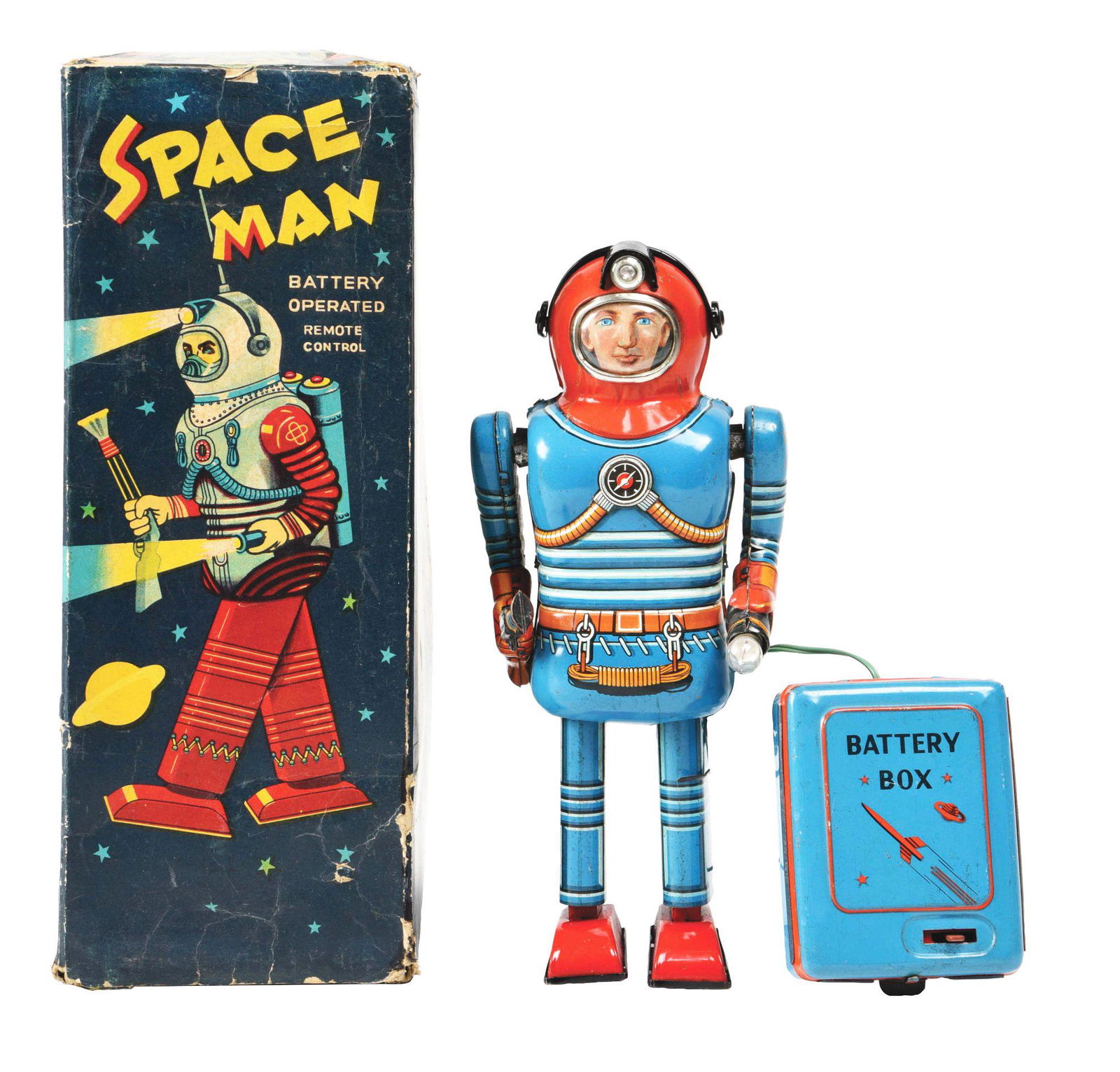 JAPANESE TIN LITHO BATTERY OPERATED SPACE MAN TOY: Comes in original Space Man robot box, which is original but not to this robot, part of the same series. Box looks complete but does have some creasing and edge wear. Toy has remote battery box which