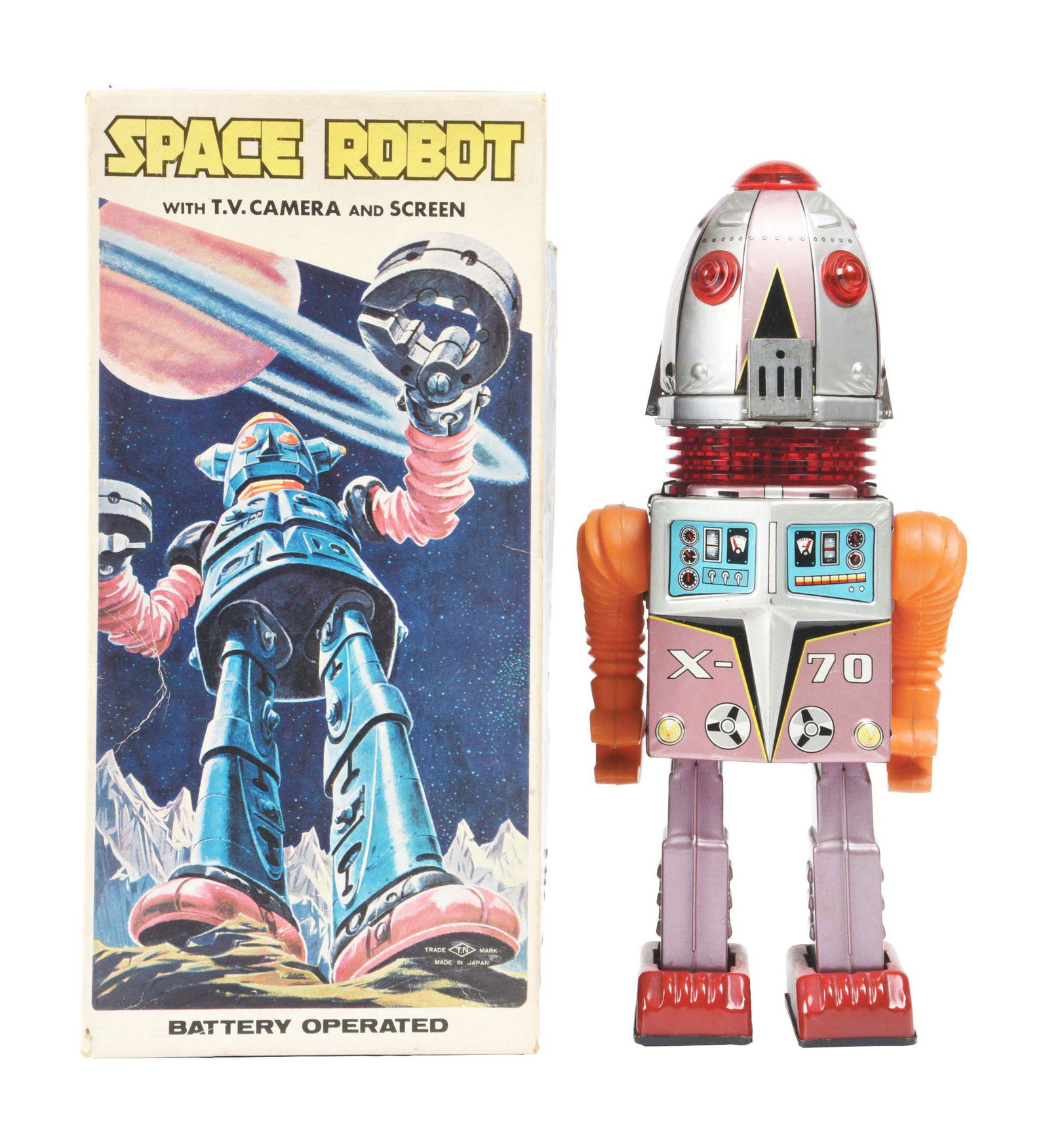 JAPANESE X-70 SPACE ROBOT.: Comes with original box, which is very nice with just some small creasing on front. Made by TN Namoura, it is also known as the "Tulip" robot, with TV camera and screen. One of the best action robots