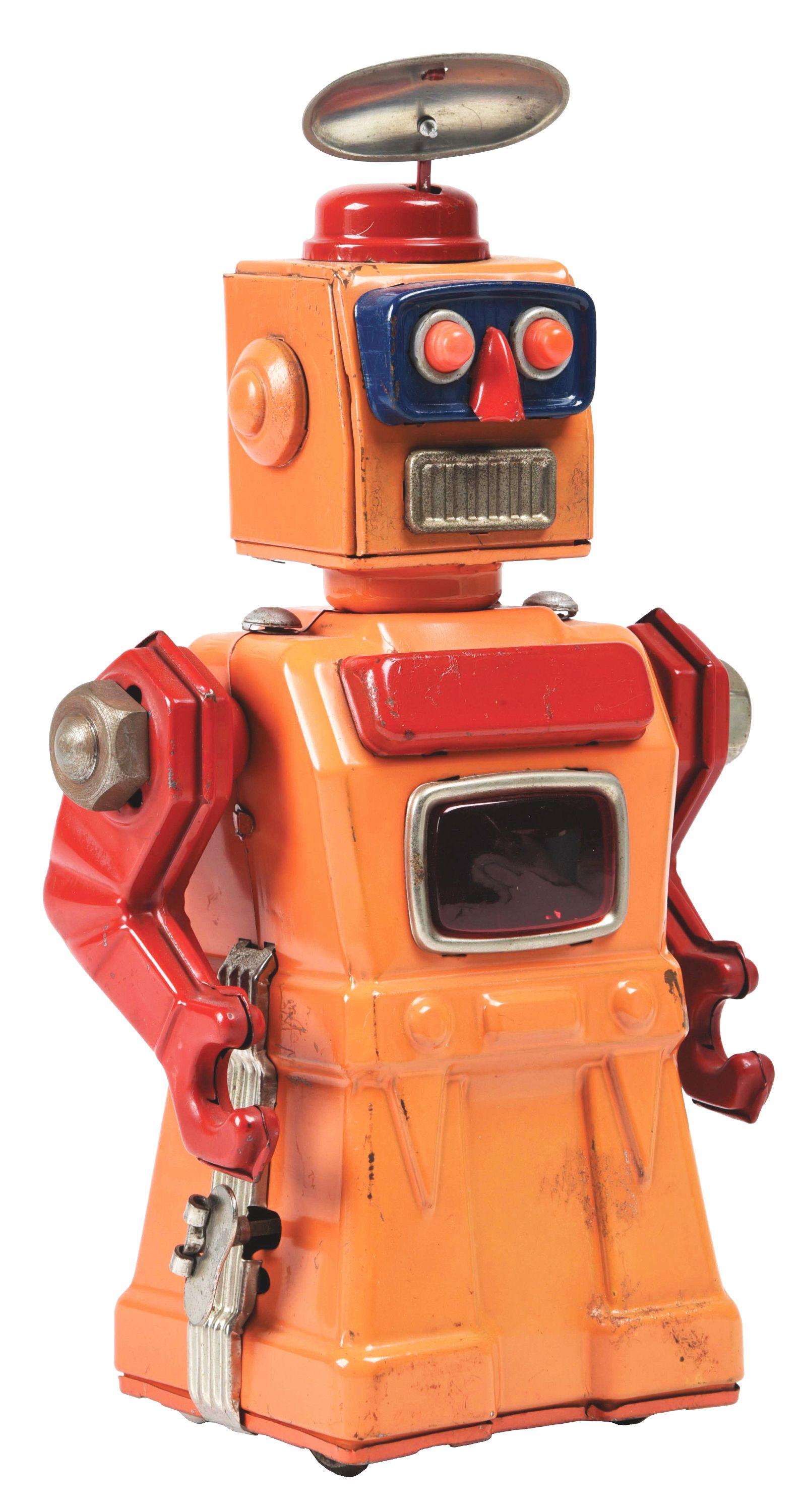 JAPANESE TIN LITHO WIND-UP TREMENDOUS MIKE ROBOT.: Made by Aoshin Shoten, c. 1950's. Extremely rare robot in much more desired orange litho. Antenna on top spins when wound, works well. Does have some scratching and surface wear on front of robot. Con