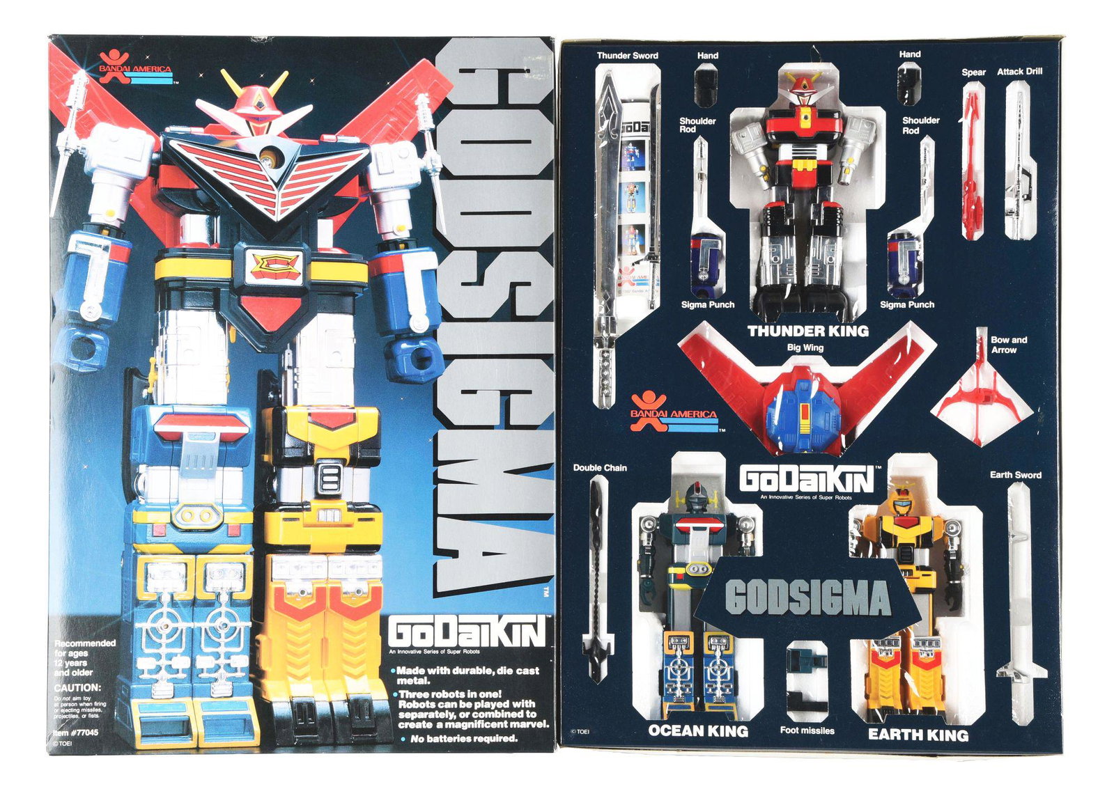 JAPANESE BANDAI GODAIKIN GODSIGMA.: 1982 Japanese Bandai Godaikin Godsigma with original box, marked "Item #77045", which has Styrofoam insert to hold weapons and robots, cardboard piece on top with plastic still remaining and instructi