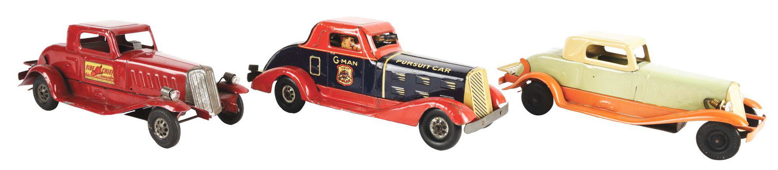 LOT OF 3: MARX AND GIRARD PRE-WAR PRESSED STEEL WIND-UP: Lot of three Marx and Girard pre-war pressed steel wind-up automobile toys, includes: first, a G-man car with driver and gun, has license plat on back, but missing tail light; second, a Girard automob