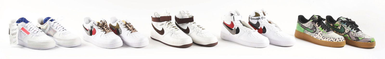 LOT OF 5: AIR FORCE ONES.: This lot contains five pairs of Nike Air Force Ones all in size 9.5. The first pair is in Summit White/Red Orbit White, the second pair is all white, the third pair is in Summit White/Chocolate, the f