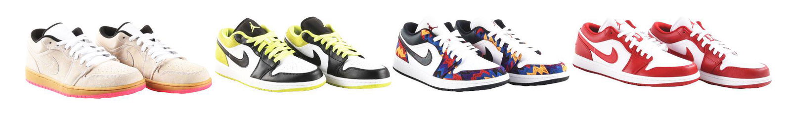 LOT OF 4: JORDAN 1 LOW SNEAKERS.: Lot of four Jordan 1 lows in various sizes and colorways: the first pair is in White/White-Gum Yellow, size: 9.5; the second pair is in Black/Black-Cyber-White, size: 8; the third pair is in White/Dar