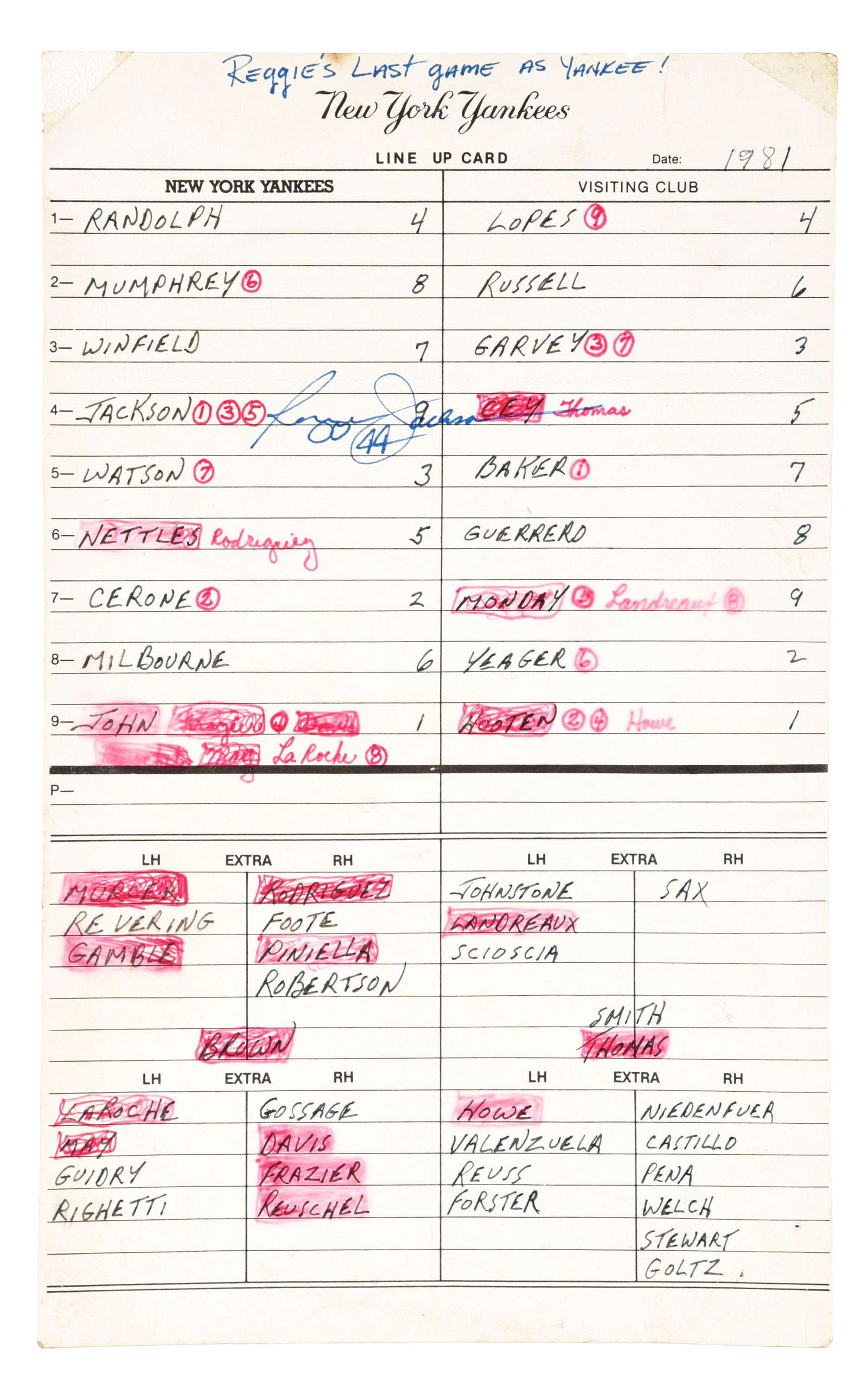 INTERESTING 1981 LINEUP CARD FROM REGGIE JACKSON'S LAST (1 of 4)