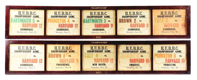 LARGE SIZE FRAMED HARVARD H.U.B.B.C. BASEBALL: An absolutely phenomenal survivor of Baseball history, a framed accounting of Harvard's baseball Team's Championship season in 1885. Showing dates and final scores of each game with opponents like Pri