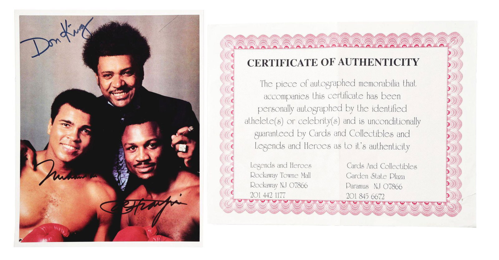 AUTOGRAPHED BOXING PHOTO OF DON KING, MUHAMMAD ALI, AND: Not first generation but is autographed by all three. Comes with a Certificate of Authenticity from Legends and Heroes in Rockaway NY. Condition: (Very Good - Excellent). Dimensions: 10 - 1/4" x 8 - 3