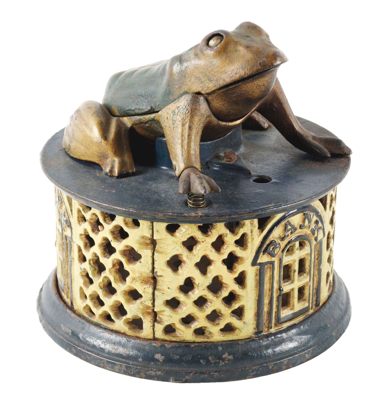 FROG ON ROUND BASE MECHANICAL BANK. (1 of 5)
