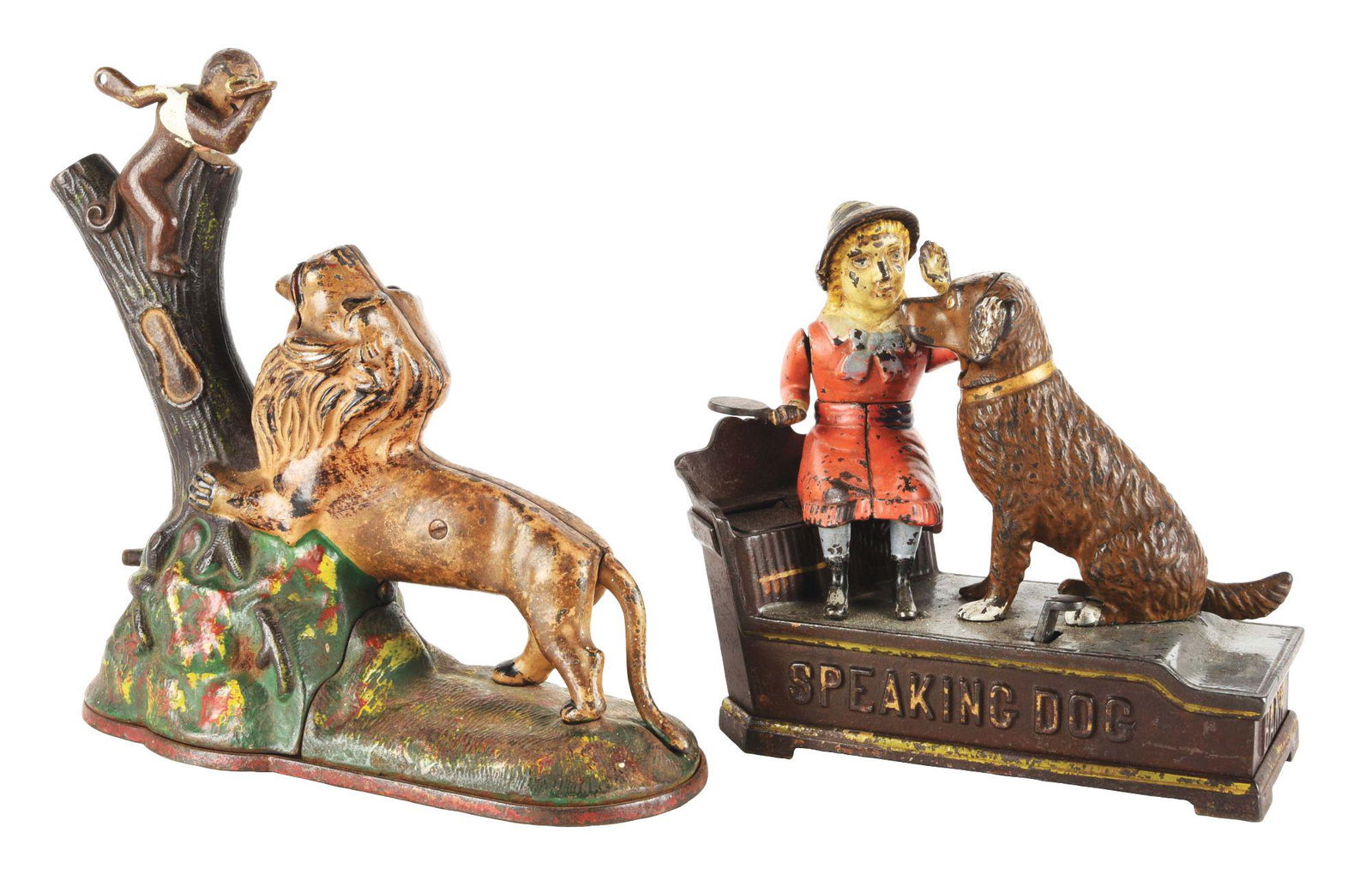 LOT OF 2: LION AND TWO MONKEYS AND SPEAKING DOG BANKS. (1 of 7)