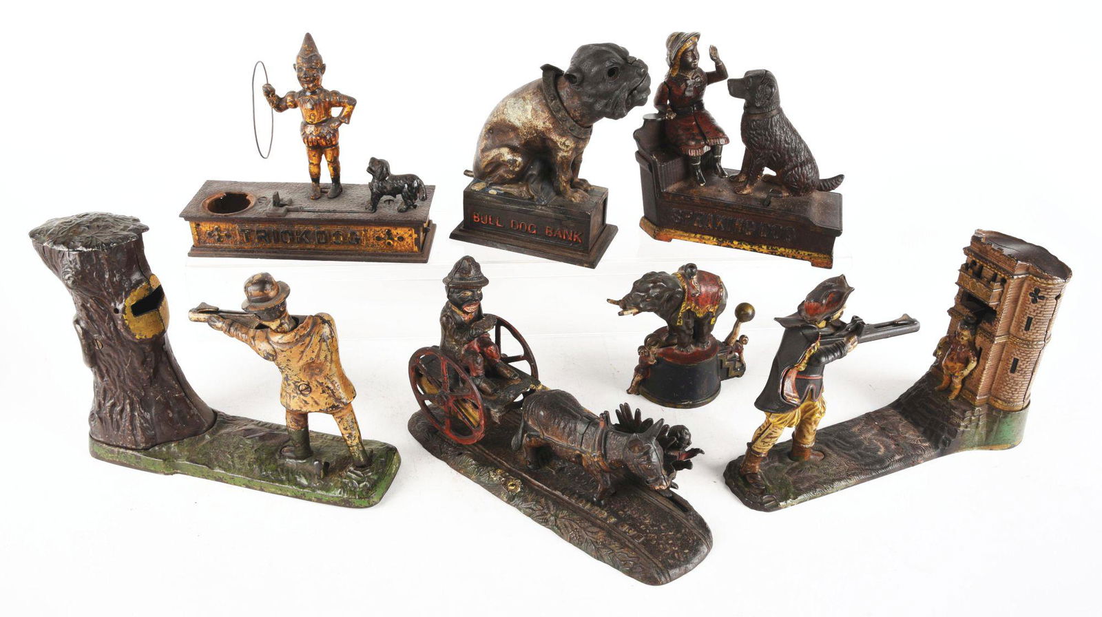 LOT OF 7: CAST-IRON PROJECT BANKS INCLUDING TRICK DOG. (1 of 12)