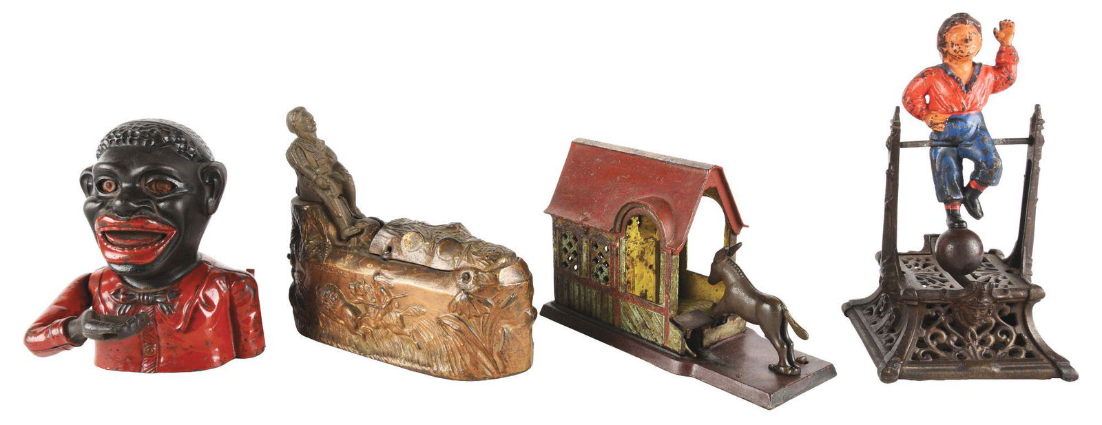 LOT OF 4: CAST IRON PROJECT BANKS INCLUDING JOLLY BANK. (1 of 9)
