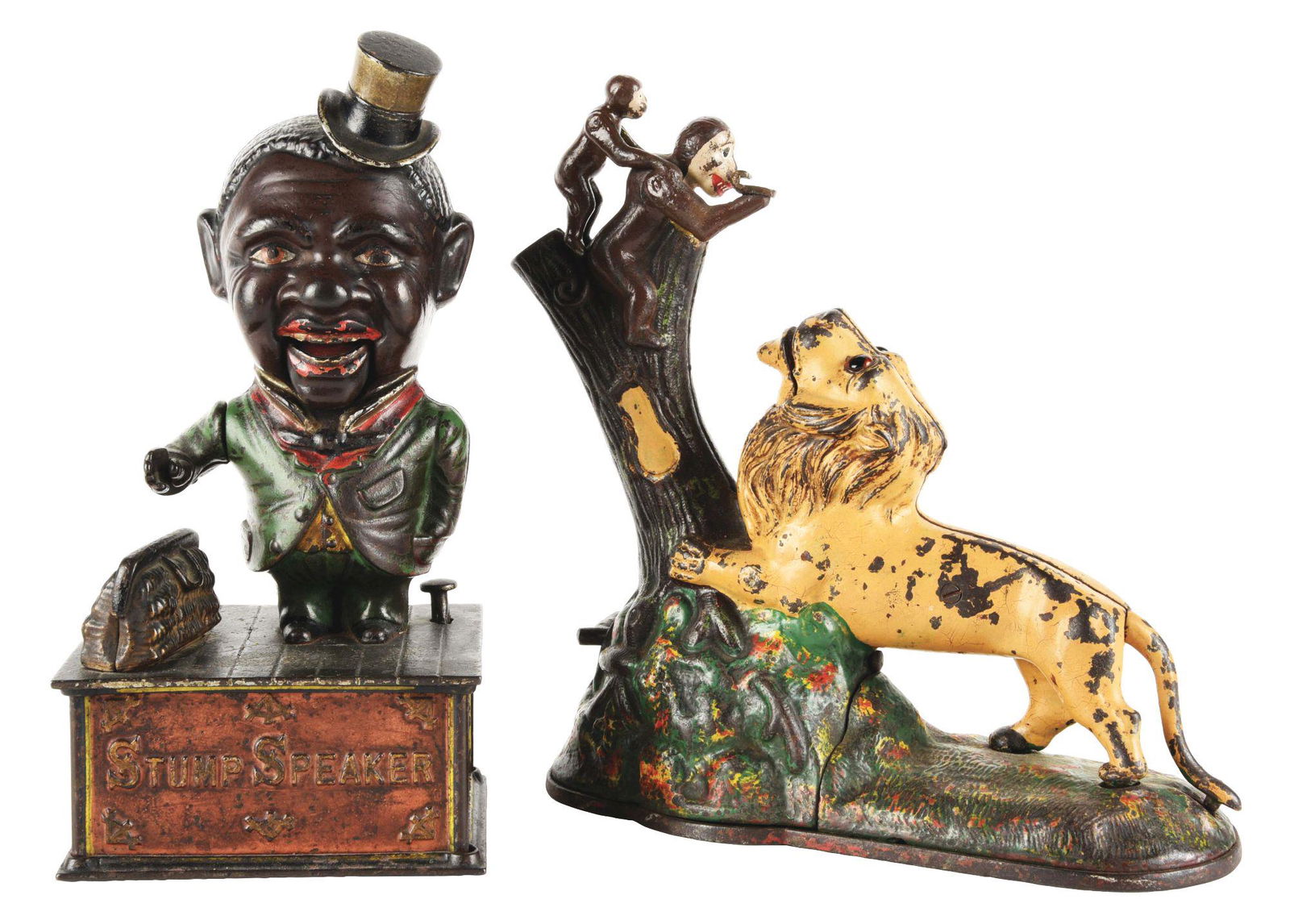 LOT OF 2: STUMP SPEAKER AND LION AND TWO MONKEYS BANKS. (1 of 7)
