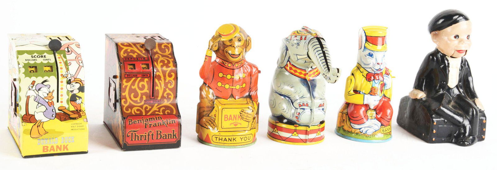 LOT OF 6: VARIOUS TIN LITHO CHARACTER AND OTHER BANKS. (1 of 3)