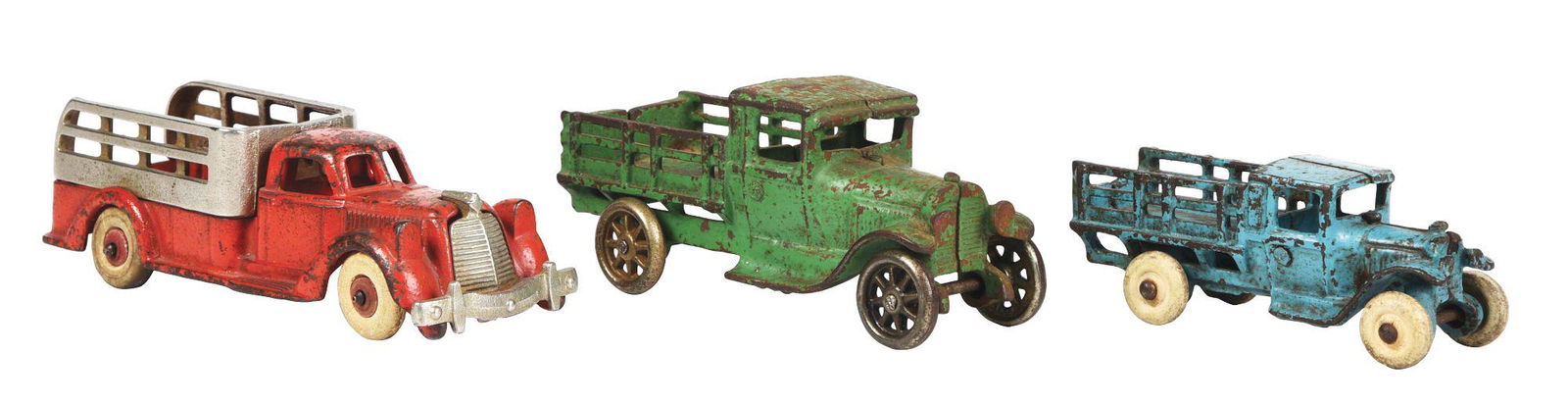 LOT OF 3: CAST IRON AMERICAN MADE STAKE BACK TRUCKS. (1 of 3)