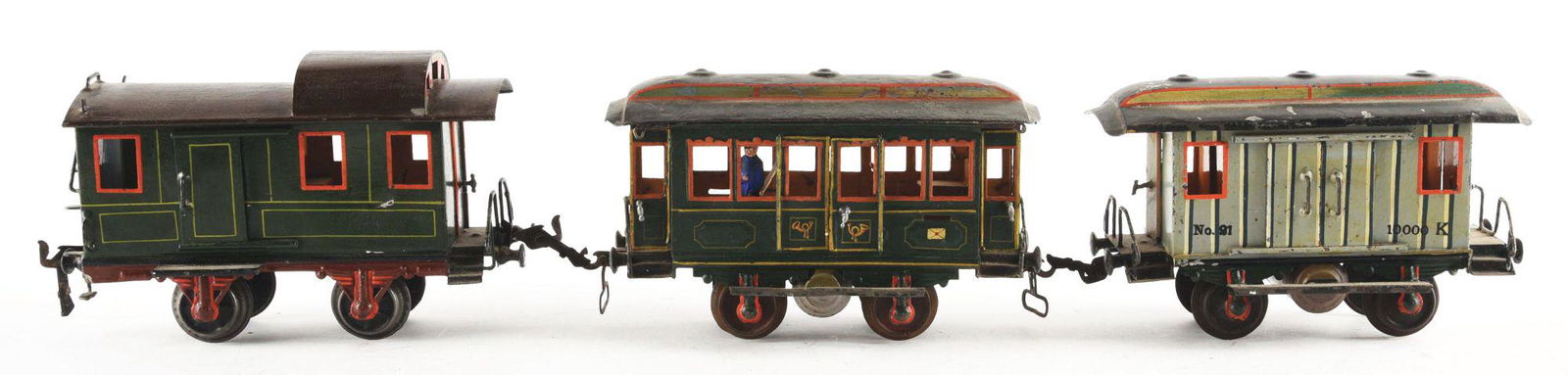 LOT OF 3: EARLY GERMAN HAND-PAINTED MARKLIN TRAIN CARS. (1 of 2)