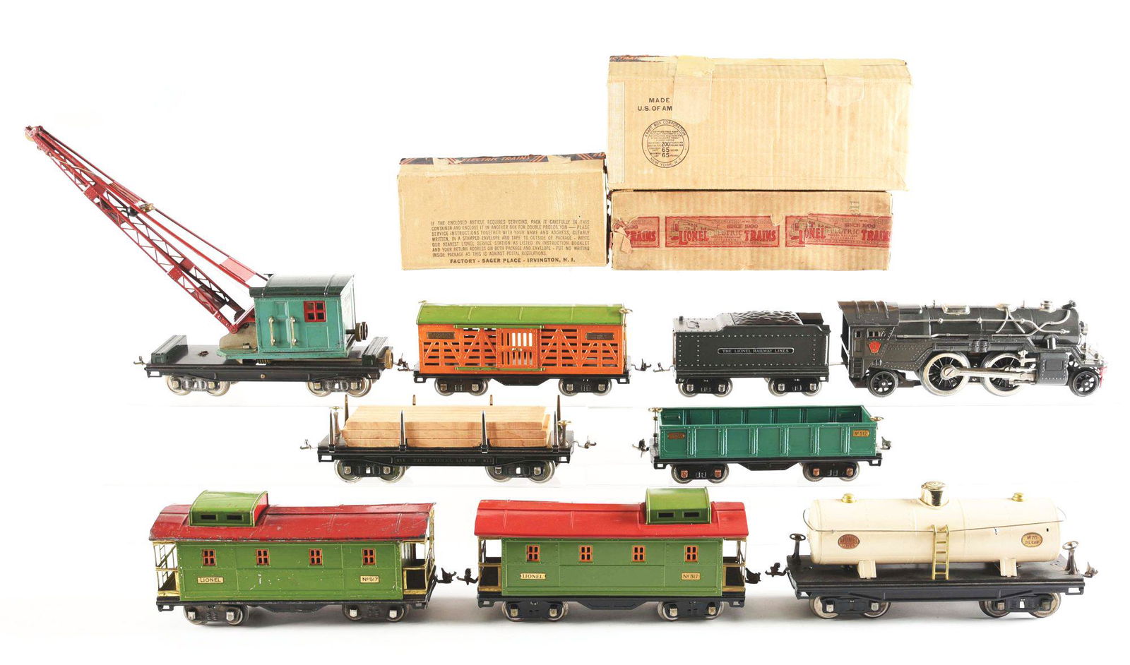 LOT OF 11: LIONEL NO. 385-E IN GUNMETAL AND OTHER CARS. (1 of 2)