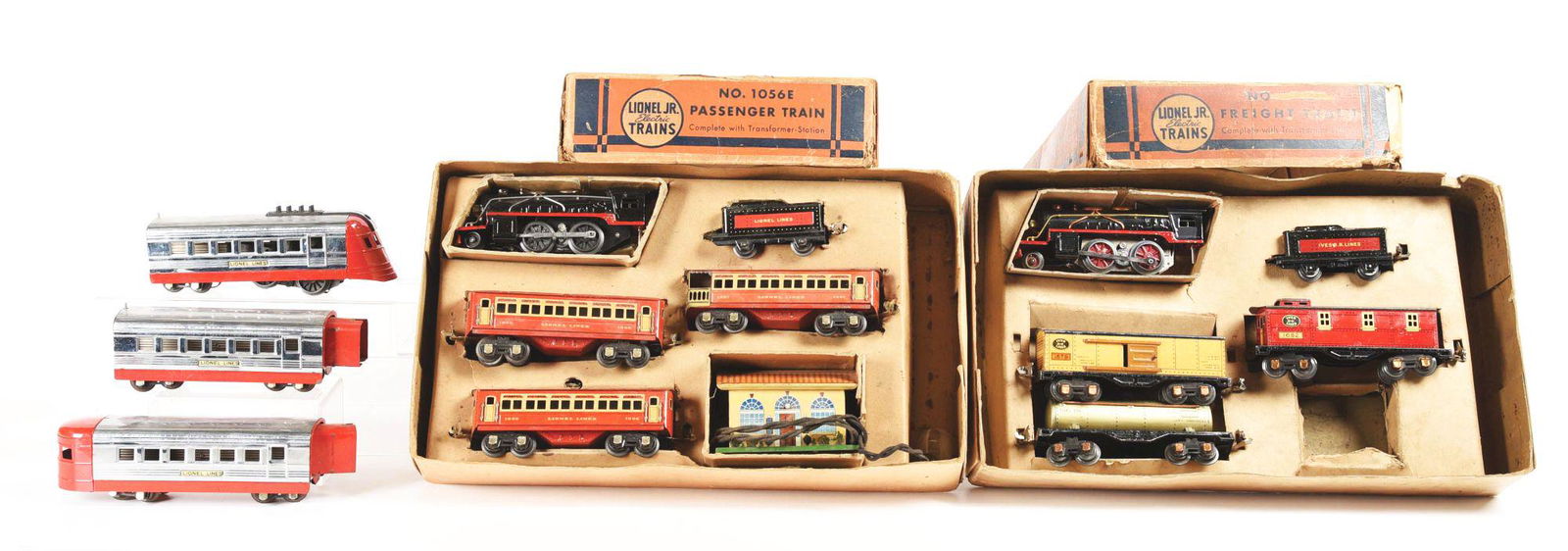 LOT OF BOXED LIONEL JR. TRAIN SETS AND A LIONEL: Lot consists of a No. 1700 red and chrome three-piece Streamline set that is complete and all original, very clean and attractive and in excellent condition. Includes a Locomotive, a Pullman and an Ob