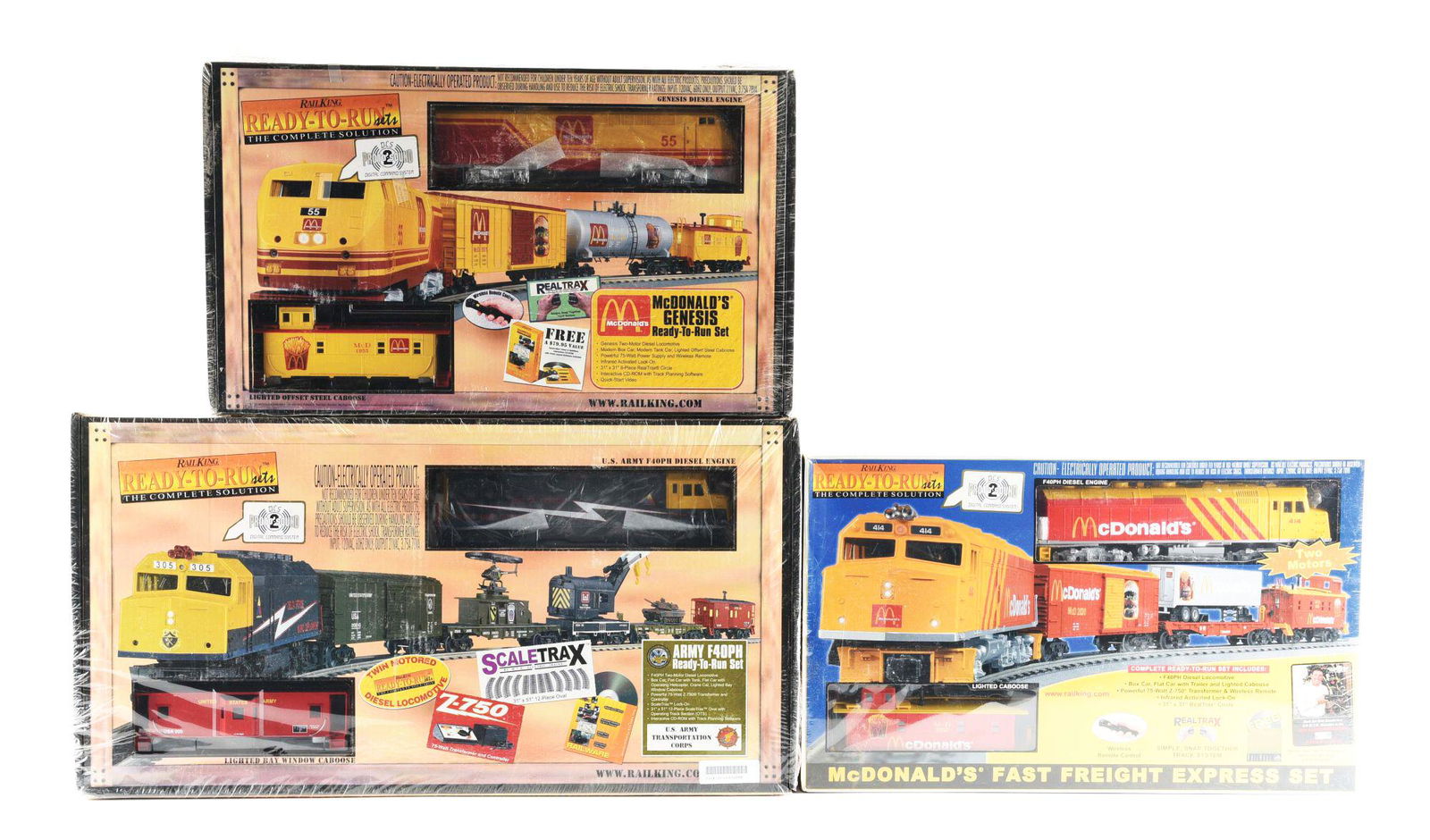 LOT OF 3: MINT SEALED MTH RAIL KING SETS.: Consists of McDonald's Genesis Ready-to-Run train set with proto sounds item number 4052-1, McDonald's F40PH Ready-to-Run train set with proto sounds 2.0 item number 30-4042-1, and an MTH Army Army F4