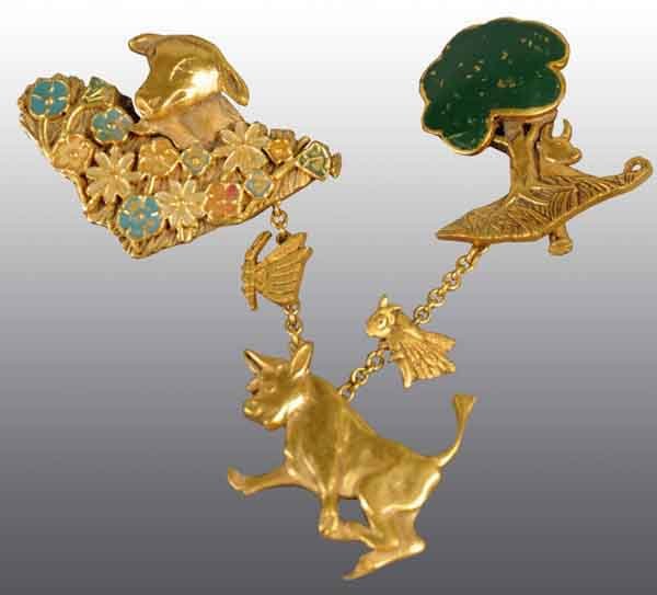 French Brooch with Ferdinand the Bull Characters.: Four-piece enamel on bronze chain. Depicts characters from the 1936 book Ferdinand the Bull, which Disney later adapted for a film. Characters include Ferdinand, butterfly, cow in field, and a flying 
