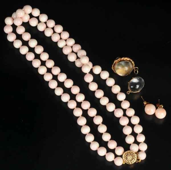 Lot of 5: Antique Jewelry Pieces.: Includes one 14" pink coral necklace with matching pair of earrings and two clear glass locket pendants that hold pictures. (Excellent).
