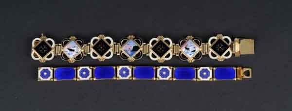 Lot of 2: Enamel Bracelets.: Includes one sterling bracelet with enamel and one bracelet signed "Norne" with scenes of moose. (Excellent).