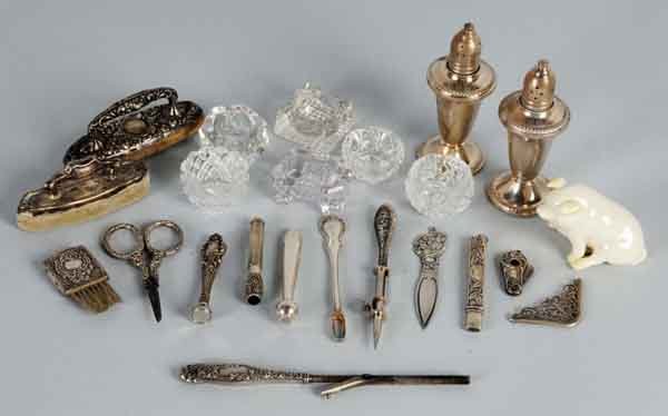 Lot of Sterling Silver & Glass Pieces.: Includes set of salt and pepper shakers, scissors, brush, and pen knife. Also includes six glass salts and one Belleck pig. Largest: 4" T. (Excellent).