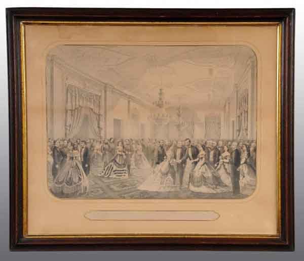 Lincoln in White House Lithograph: Titled "Grand Reception of the Notabilities of the Nation, at the White House 1865". Features President Lincoln, Andrew Johnson, General Grant, and General Sheridan. Framed under glass. Original mat a