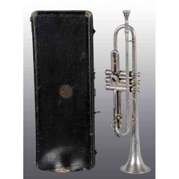 World War II Trumpet in Case.: Made in Elkhart and sold by Montgomery Ward. Serial number: R10983. The valve caps are mother of pearl. Belonged to Reverend Neideigh. 21" L. (Excellent).