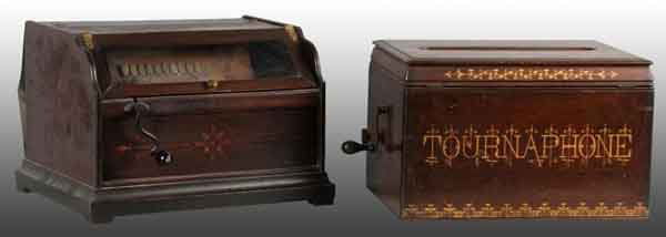 Lot of 2: Wooden Musical Organ Players.: Includes one concert roller organ that plays well and tournaphone player paper rolls. Player: 17" W. (Very Good - Excellent).