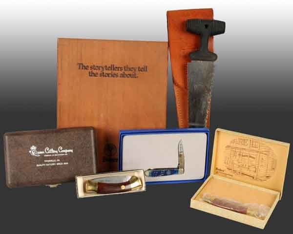 Lot of 8: Modern Quality Knives.: Includes seven large pattern pocket knives and one Buck limb saw. One to two blade large pattern folding knives by Case & Boker in original boxes and cases. Largest: 14" L. (Mint).