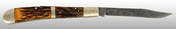 Union Cutlery Company Folding Hunter Knife.: Olean, NY. One blade folding lock back knife. Blade is full length and full width. Handles are section genuine stag. Back handle has small piece of stag missing in one section. Front handle has a larg