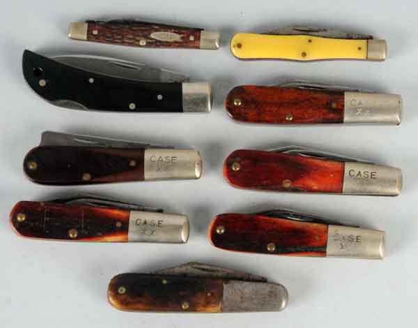 Lot of 9: Case Folding Knife Patterns.: Includes Case XX 1970s one arm bandit Barlow and three red-bone two blade Case XX Barlow. Largest: 3 - 1/2" L. (Good - Near Mint).