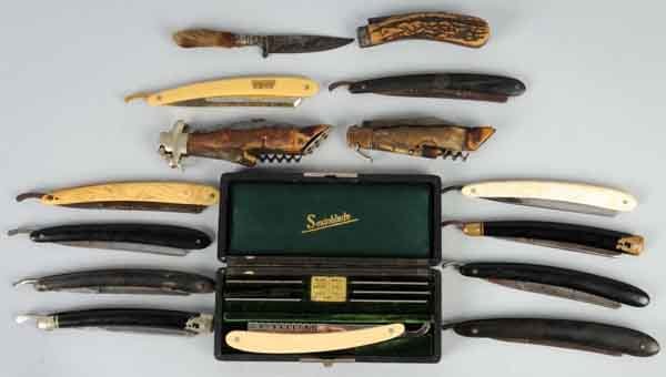 Lot of 15: Knives and Straight Razors.: Four knives includes two German deer foot pattern folding hunters with lock-back feature. Straight razors includes a boxed seven-day set. Largest: 5 - 1/8" L.