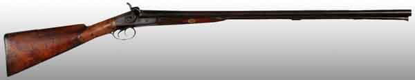 Double Barrel Percussion Shotgun.: Made by James Brown & Son of Pittsburgh, PA. OL: 47 - 1/2". BL: 31 - 3/4". 12 GA. S: American walnut. Double triggers with a pull of 14". Side locks with outside percussion hammers and nipples have be