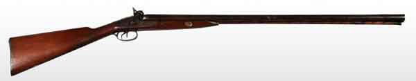 English Parker Double Barrel Shotgun.: OL: 49 - 3/4". 12 GA. S: American walnut. Double triggers with a 15" pull. Outside hammers. Right lock is functioning properly and the left lock is not. Hook breech. Appears to have its original ramro