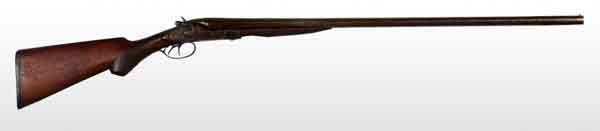 American Arms Company Double Barrel Shotgun.: OL: 48 - 1/2". 12 GA. S: American walnut with rounded pistol grip. Trigger pull of 14". Side lock, outside hammer gun with top lever action release. The left barrel is "blown-out" or ruptured, probabl