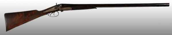 English William Moore Double Barrel Shotgun.: OL: 44 - 3/4". BL: 29 - 3/8". S: English walnut. 12 GA. Double triggers with a pull of 14 - 1/4". This is a side-lever gun that controls the release of the action. Outside hammers and back-action lock