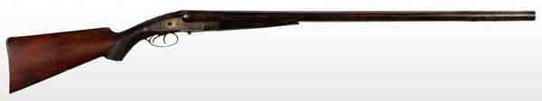William Moore English Double Barrel Shotgun.: OL: 48". BL: 32". S: English walnut. 12 GA. Double triggers with pull of 14 - 1/4". This is an outside hammer gun, missing both outside hammers and screws. Also missing the lower release lever for the