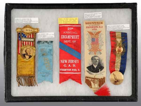 Lot of 5: New Jersey GAR Items.: Includes Marcus L. Ward Post 88 National Encampment in Boston New Jersey Delegate Boston 1904 badge, Department of New Jersey 1888 21st Annual Encampment Trenton ribbon, Souvenir 29th Annual Encampmen