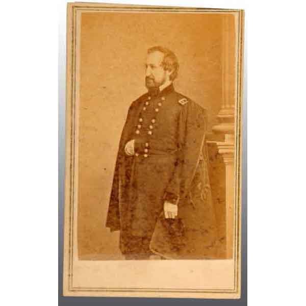 Major General William S. Rosecrans CDV.: Standing view with cape. West Point instructor. Marked "Anthony from Brady" on back with tax stamp. 4" x 2 - 1/2". (Excellent).