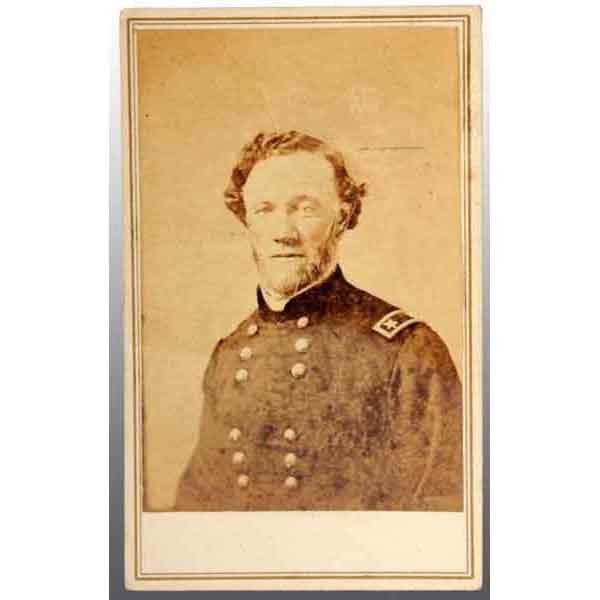 General Joseph Reynolds CDV.: Seated view. Court-martialed for deserting dead and wounded. Marked "Morse, Nashville, Tennessee" on back with tax stamp. 4" x 2 - 1/2". (Excellent).